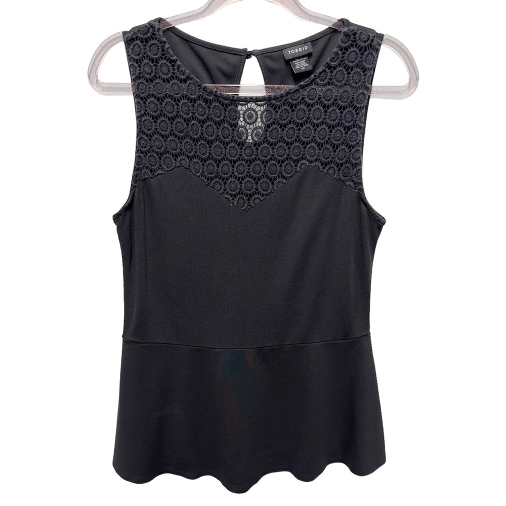 Ponte Knit Lace Crochet Flare Peplum Babydoll Blouse Top